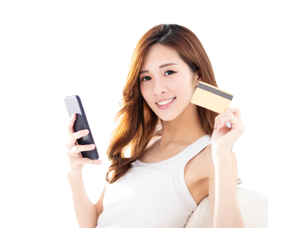 a beautiful girl holding a mobile phone and bank card